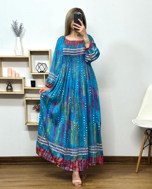 Women's Fit & Flare Cotton Maxi Dress – Casual Floral Frill Gown with Full Sleeves & Round Neck