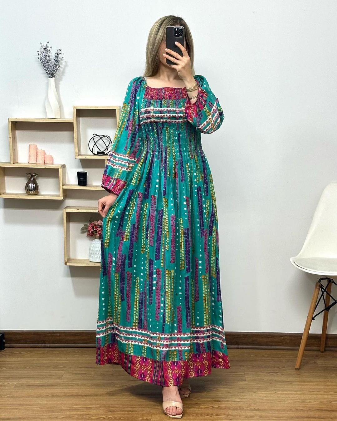 Women's Fit & Flare Cotton Maxi Dress – Casual Floral Frill Gown with Full Sleeves & Round Neck