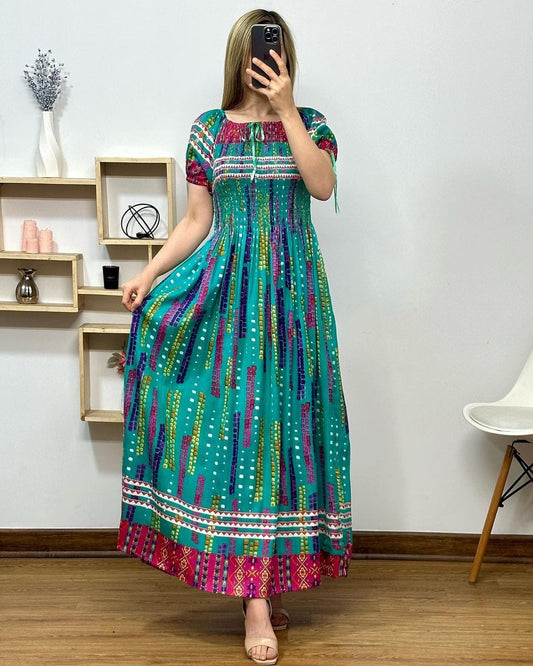 Women's Fit & Flare Cotton Maxi Dress β Casual Floral Frill Gown with Half Sleeves & Round Neck