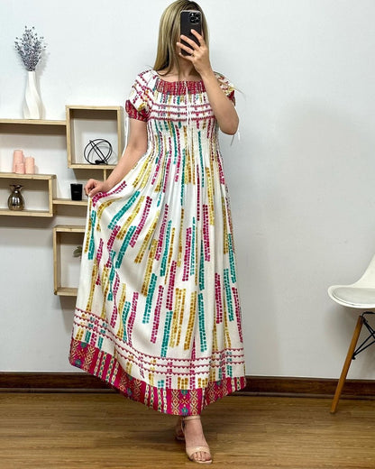 Women's Fit & Flare Cotton Maxi Dress – Casual Floral Frill Gown with Half Sleeves & Round Neck