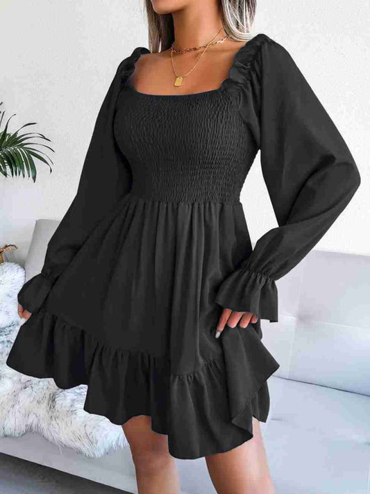 Women’s Blue Printed Square Neck A-Line Dress – Casual Poly Crepe with Ruffle Hem & Flounce Sleeves