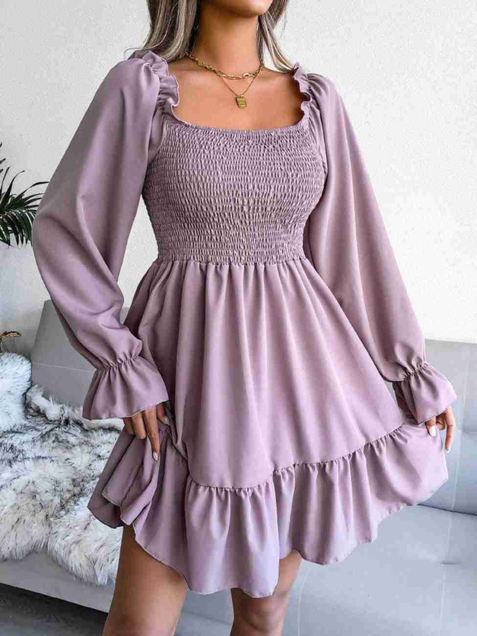 Women’s Blue Printed Square Neck A-Line Dress – Casual Poly Crepe with Ruffle Hem & Flounce Sleeves