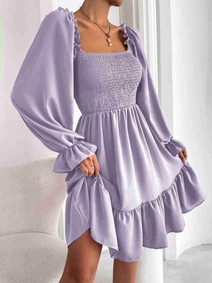 Women’s Blue Printed Square Neck A-Line Dress – Casual Poly Crepe with Ruffle Hem & Flounce Sleeves