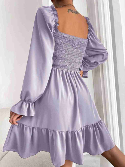 Women’s Blue Printed Square Neck A-Line Dress – Casual Poly Crepe with Ruffle Hem & Flounce Sleeves