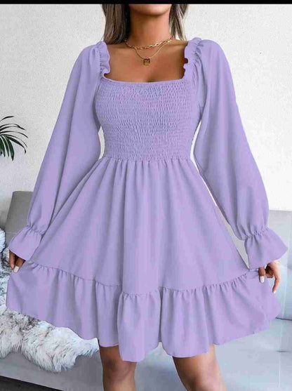 Women’s Blue Printed Square Neck A-Line Dress – Casual Poly Crepe with Ruffle Hem & Flounce Sleeves