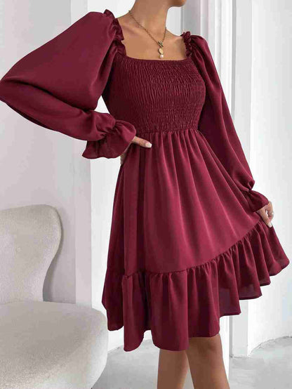 Women’s Blue Printed Square Neck A-Line Dress – Casual Poly Crepe with Ruffle Hem & Flounce Sleeves
