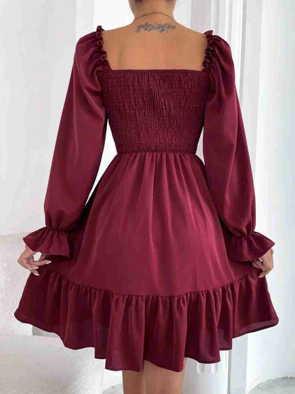 Women’s Blue Printed Square Neck A-Line Dress – Casual Poly Crepe with Ruffle Hem & Flounce Sleeves