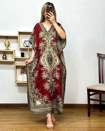 Printed V-Neck Long Maxi Caftan – Loose Fit with Elegant Design & Short Sleeves