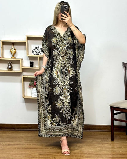 Printed V-Neck Long Maxi Caftan – Loose Fit with Elegant Design & Short Sleeves
