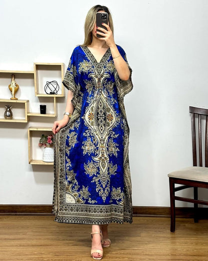 Printed V-Neck Long Maxi Caftan – Loose Fit with Elegant Design & Short Sleeves