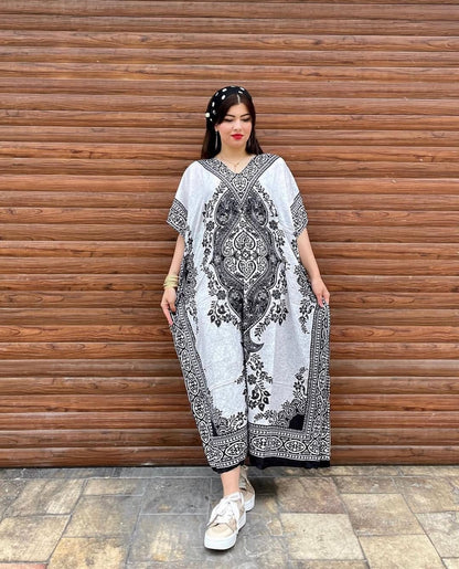 Printed V-Neck Long Maxi Caftan – Loose Fit with Elegant Design & Short Sleeves