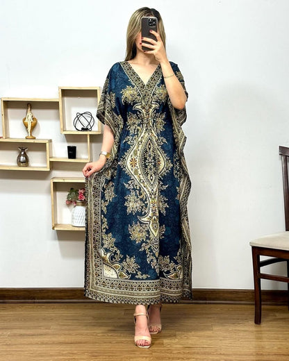 Printed V-Neck Long Maxi Caftan – Loose Fit with Elegant Design & Short Sleeves